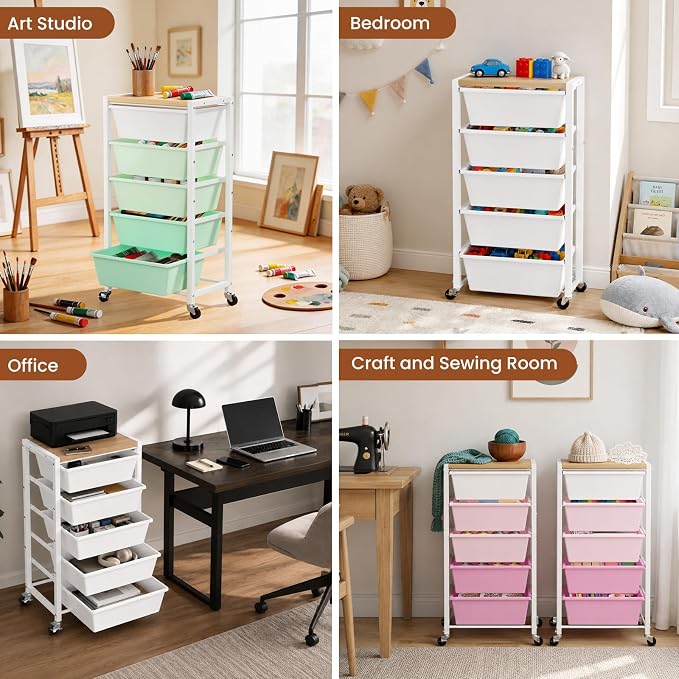 Rolling Cart with 5 Drawers, Plastic Drawer Storage Carts with Wheels & Wooden Tabletop, Metal Utility Cart for Office Bedroom Living Room Classroom, Craft Organization and Storage, White - Image 6