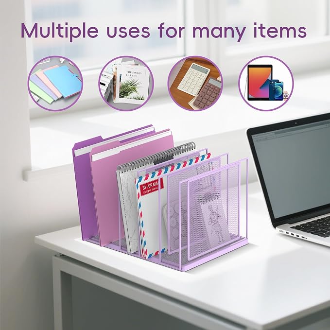 File Organizer for Desk, 5-Section Vertical File Sorter, Paper Holder Organizer Standing Metal File Folder for Office Home Classroom, Purple - Image 3
