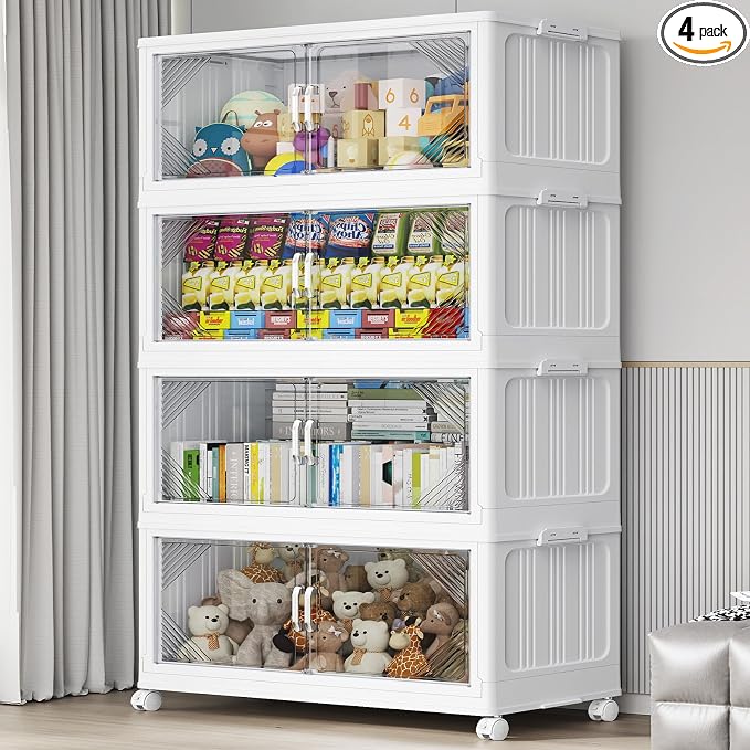 BROVIEW V60 560QT Plastic Stackable Storage Bins with Lid, 4Pack White | 140Gal Extra Large Closet Organizers Collapsible Cabinets Boxes With Drawer, Foldable Container with 4x Wheels for Home by BROVIEW-EnjoytheArtofLife