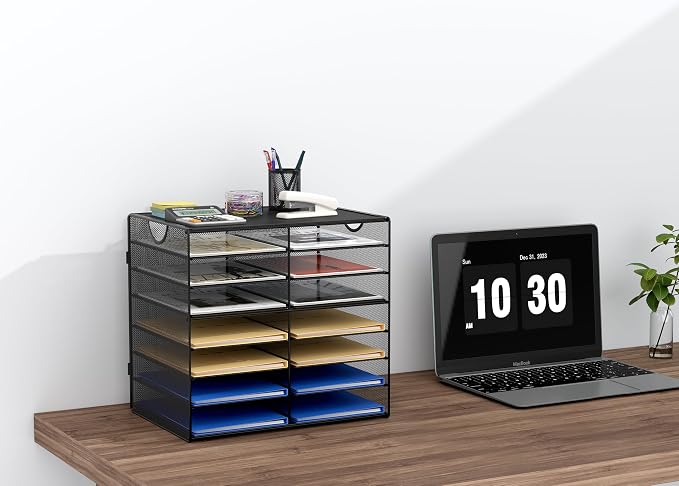 EasyPAG Paper Trays for Classroom 14 Tier Mesh Desk Organizer Shelves with Handle A4/Letter Size File Folder Organizer Shelf for Office, School, Home, Black - Image 3