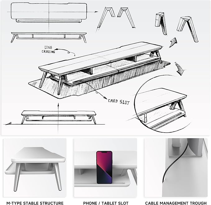 Fenge Dual Monitor Stand, Monitor Stands Riser for 2 monitors, 42.5 Inch Wood Desk Shelf with Storage Organizer and Cable Management for Office Desk Accessories - Image 4