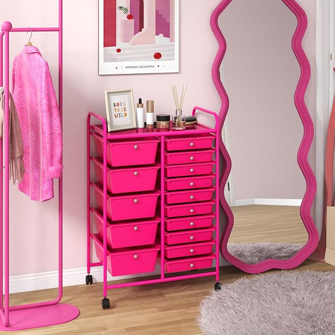 Moccha 15-Drawer Rolling Storage Cart - Under Desk Storage Drawers with wheels for Craft Art Supply Paper Salon, Scrapbook Paper Tools, Mobile Utility Cart for Classroom (15 Drawers, Hot Pink) - Image 2