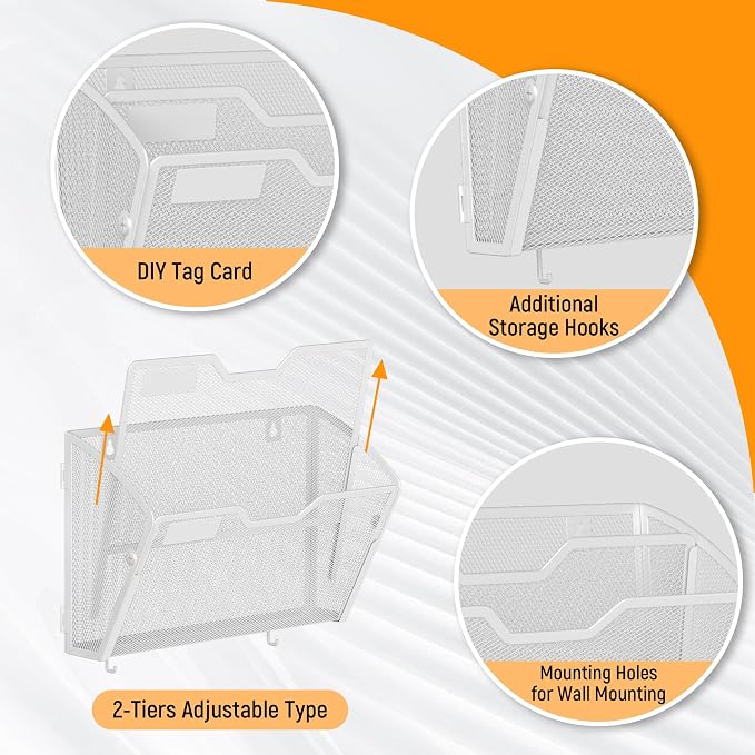 Docnest 3 Pack 2 Tier Mesh Wall File Holders with Hooks for Mail, White | Space-saving vertical design with utility hooks. Ideal paper document organizer for office, home, and school - Image 4
