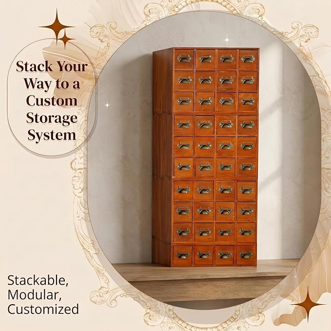 48 Drawer Wood Storage Organizer, Stackable Apothecary Cabinet with Brass Handles & Label Holders, Modular Card Catalog Drawer Chest for Crafts, Hardware, Beads, Spices, Office Desk - Image 7