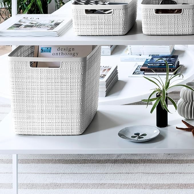 Curver Set of 4 Large Cube 17L Jute Decorative Plastic Organization and Storage Baskets - Perfect Bins for Home Office, Closet Shelves, Kitchen Pantry and All Bedroom Essentials, White - Image 5