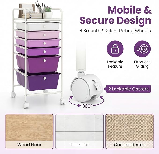 COSTWAY 6-Drawer Rolling Storage Cart, Art Craft Tools Organizer on Wheels | Multifunctional Heavy Duty Utility Mobile Storage Trolley w/ 2 Lockable Wheels for Home Office School (Purple Gradient) - Image 4