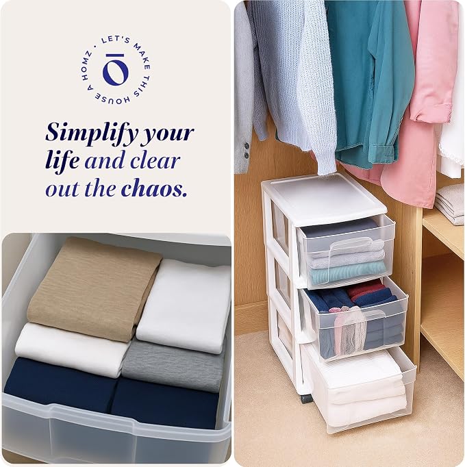 HOMZ Drawer Tower, 3-Tier Storage Cart with Removable Wheels, White Frame | Plastic Organizer with Clear Bin Drawers for Bedroom, Bathroom, Home Office, and Dorm Rooms - Image 8