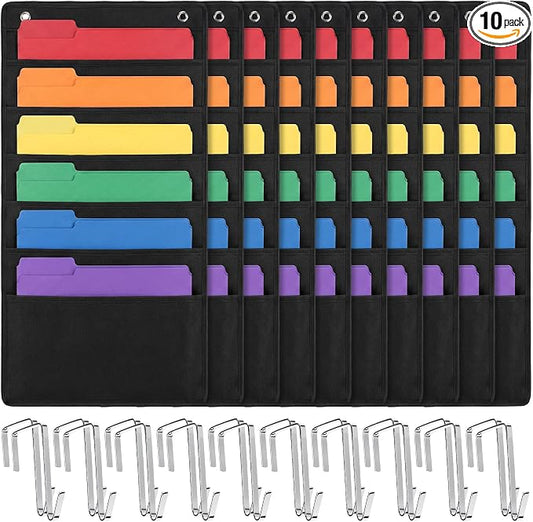 10 Pack Hanging Wall File Organizer, 60 Pockets Storage Pocket Chart, 20 Metal Hangers Included, Versatile Hanging Paper File Folder for Classroom Mailbox Office Home, 30.7 x 14.5 Inch by Unknown