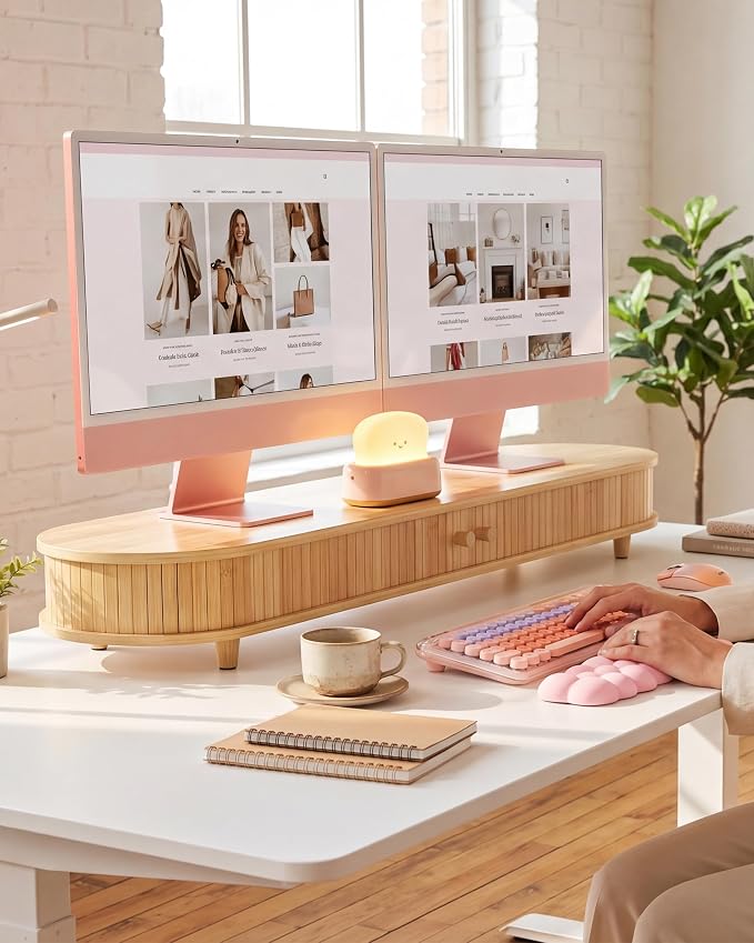 Bamboo Dual Monitor Stand with Storage, 42 Inch Desk Shelf Riser | Curved Double Computer Laptop Stand Desk Shelf Organizer with Sliding Doors for 55-72 Inch Desk by WELLWENG