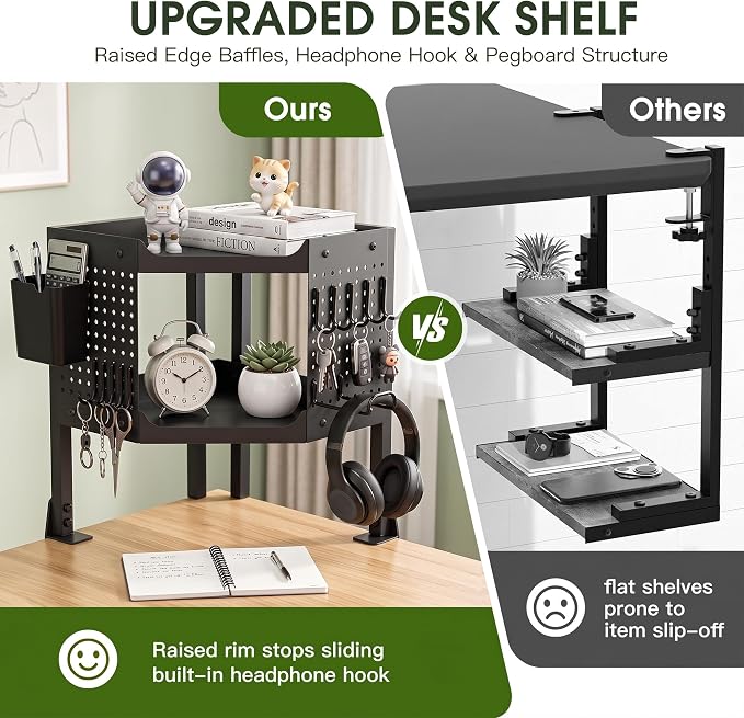 2-Tier Metal Clamp On Desk Shelf, Desk Organizer with 2 Pegboards and Hooks | Heavy Duty Corner Desk Shelf with Removable Pegboards Headphone Holder Pencil Cup and Hooks for Desk organizers Accessories - Image 7