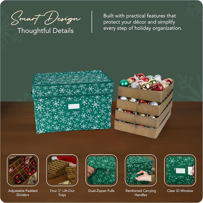 Covermates Keepsakes Adjustable Ornament Storage Box – Heavy-Duty Polyester, Padded Dividers & FlexGrid Trays – Protective Holiday Organizer with Stackable Walls & Label Window, Green Snowflake - Image 4