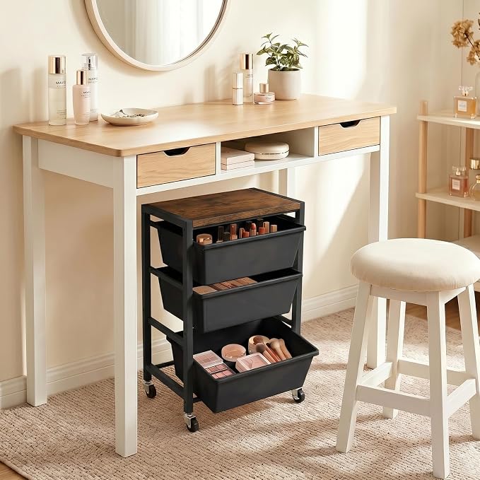 Rolling Cart with 3 Drawers, Plastic Drawer Storage Carts with Lockable Wheels & Wooden Tabletop, Metal Art Craft Utility Cart Organizer for Home Office Bedroom Dorm Bedside Classroom, Dark Black - Image 8
