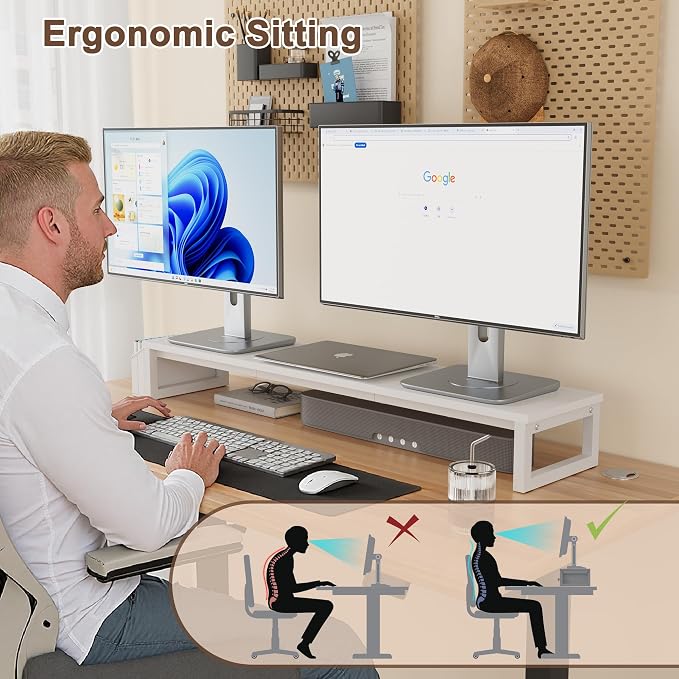 LAND·VOI Dual Monitor Stand Riser,41.5'' Long Monitor Stand for 2 Monitors, Wood and Steel Computer Monitor Stand, Desktop Oraganizer with Pen Holder, Monitor Riser for Desk Computer,Laptop,TV, White - Image 5
