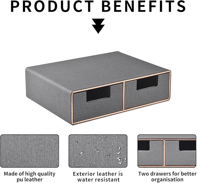 Pu Leather Stackable Desk Drawer Organizer,2-Drawers Desk Caddy for Office Bathroom Bedside Table Dressing Table,Grey - Image 6