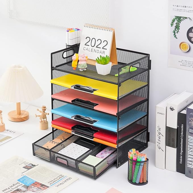 Lavatino 6-Tier Paper Organizer Letter Tray with Drawer - Mesh Desk File Paper Office Supplies Sorter Organizer for Office, Home or School File Folder Holder - Black - Image 2