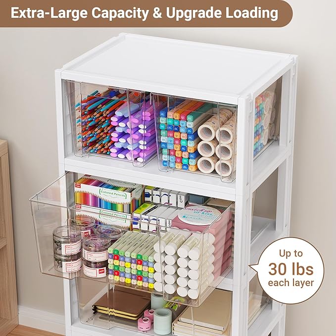 Stackable Storage Drawer Carts, Extra Large Bins 3 Tier 5 Drawers | Smooth Pull-Out Drawers, Clear Plastic Storage Organizer Container For Home Office Bedroom Bathroom Art Crafts Under Desk - Image 4