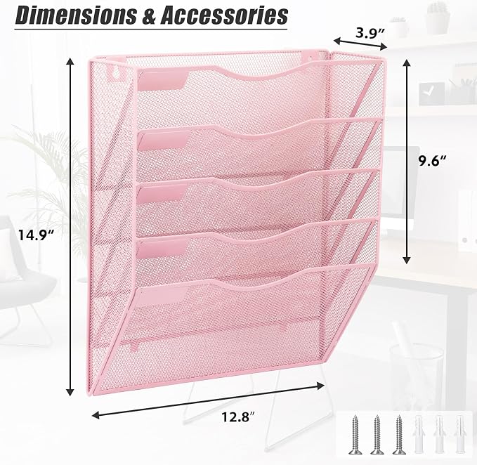 5 Pocket Mesh Hanging Wall File Organizer, Wall Mounted Mail Paper Document Folder Holder, Clipboard Storage Organization Magazine Rack with Nametag Label for Office Home School, Pink - Image 2