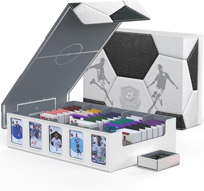 Kabinka Soccer Card Storage Box with Window Display, 5-Row Sport Card Storage Box, 3900+ Card Deck Box for Soccer Sports Card TCG, 5 Top Loaders, 5 Stoppers, 48 Dividers, 1 Dice Tray (Soccer 1) by Kabinka
