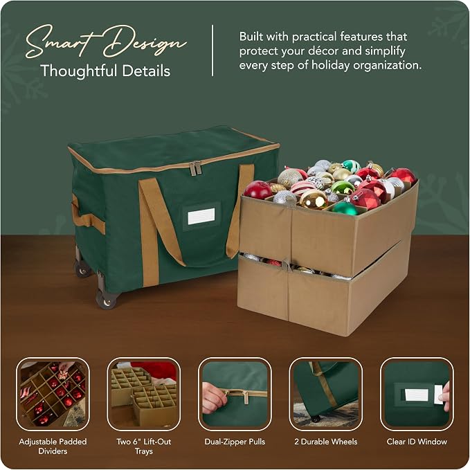 Covermates Keepsakes Rolling Adjustable Ornament Storage Bag – Heavy-Duty Polyester, FlexGrid Trays & Padded Dividers – Protective Holiday Organizer with Wheels, Handles & ID Window, Green - Image 4