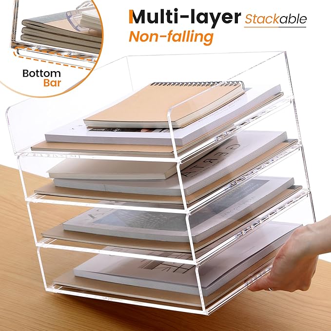 Acrylic Paper Tray, 4 Tier Paper Organizer for Desk, Clear Acrylic Desk Organizers, Stackable Letter Tray Workspace Organizer -Art Storage for School Classroom -4 Pack… - Image 4