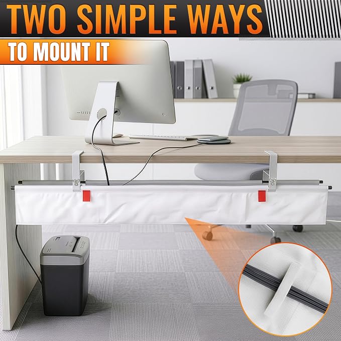 Under Desk Cable Management Tray 48" — No Drill Clamp-On Cord Organizer for Desk with Built-in Ties, Heavy Duty Metal Clamp, Foldable 600D Oxford Fabric for Home Office, WFH & Gaming PC Setup (White) - Image 9