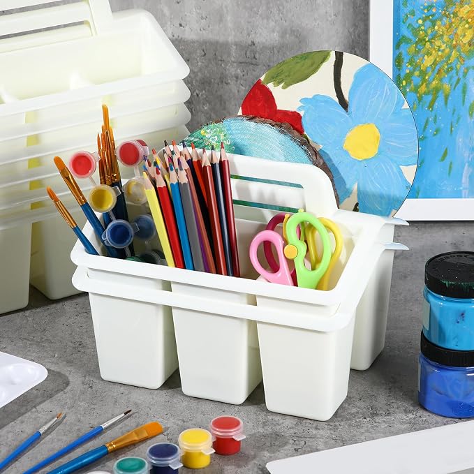 WILLBOND 12 Pcs Classroom Storage Caddies Stackable Utility Caddies with 4 Compartment Plastic Caddy with Handle Portable Storage Bins Organizers for Kids Schools Art Craft Supplies(White) - Image 6