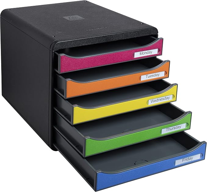 Exacompta Big Box Plus - 5 Drawer Desktop Organizer - 100% Recycled Materials- Fits Letter and A4+ Size Paper - Black w/Multicolored Drawers- Dimensions 13 5/8 x 11 x 10 5/8 - Made in Europe - Image 5