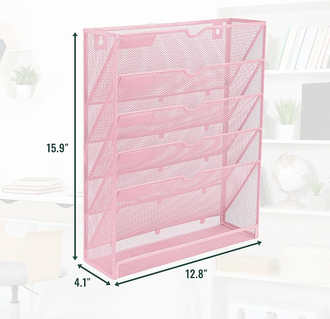 6 Tier Mesh Hanging Wall File Organizer, Desk Vertical Mail Paper Document Folder Holder Rack with Bottom Tray and Nametag Label for Office Home School, Pink - Image 2