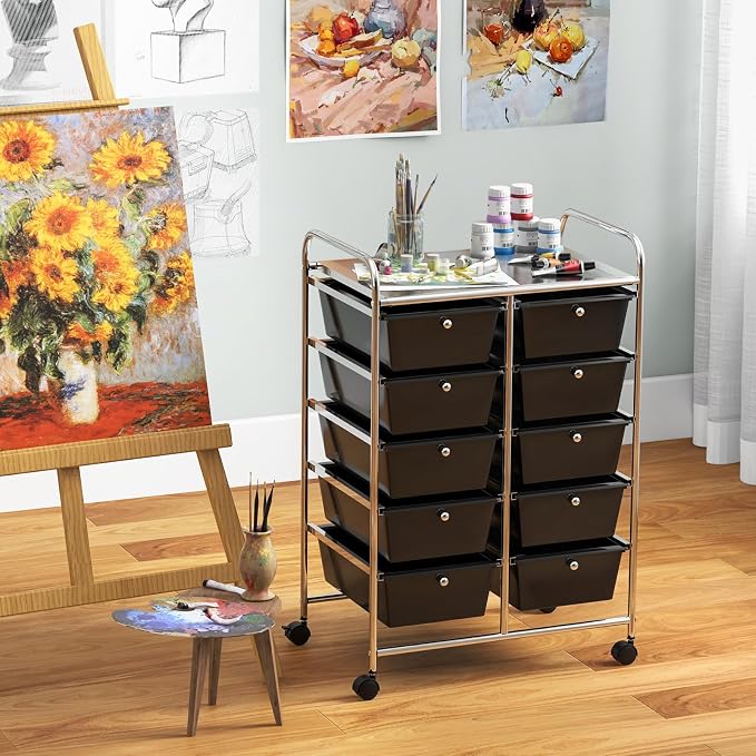 Giantex 10 Drawers Rolling Cart, Classroom Organizers, Storage Cart with Wheels, for Teacher Office Home School Supplies Tool Craft Art Paper, Black - Image 2