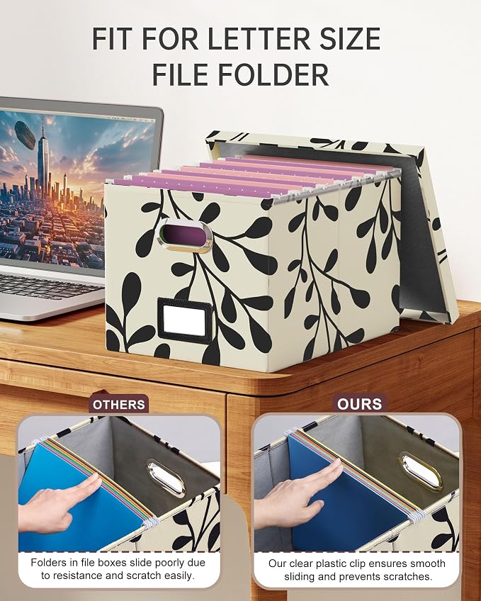 File Organizer with Lid, File Box, File Cabinet for Letter File Folder Storage, Hanging File Organizer for Office/Decor/Home,Document Organizer, 1 Pack,Leaf Black/Cream-Box Only - Image 3