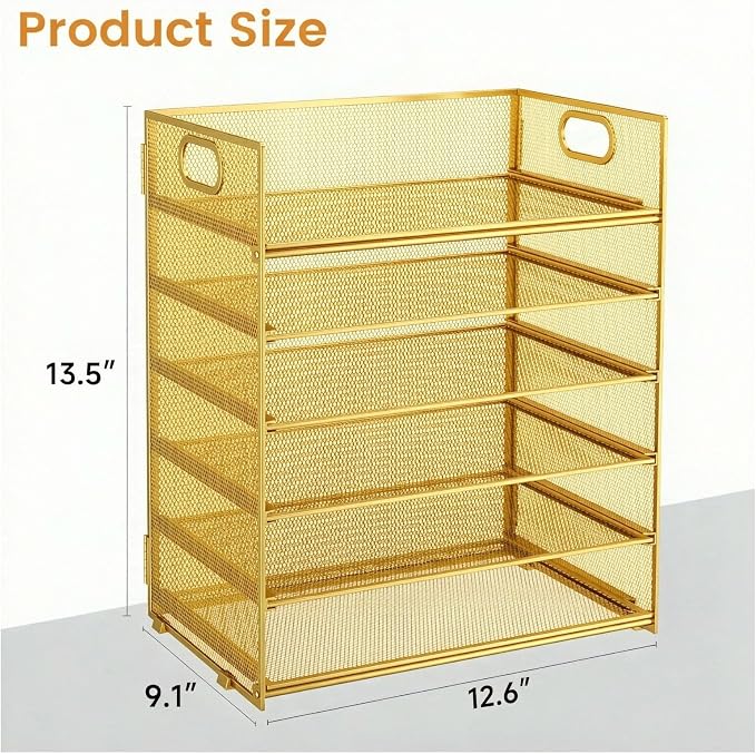6 Trays Paper Organizer with Handle - Mesh Desk File/Letter Paper Sorter Organizer for Office, Home or School (Gold) - Image 6