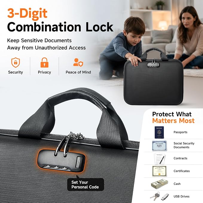 Fireproof Document Box with Lock, Waterproof Hard-Shell File Organizer with 13-Pocket Accordion Folder & Multi-Compartments for Laptop, Documents, Passports & Valuables - Image 5