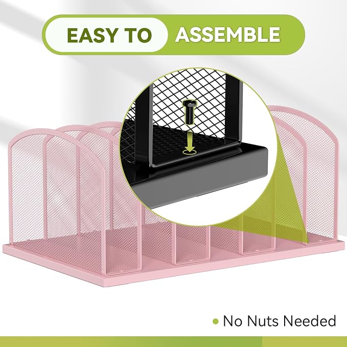 Desk File Organizer Vertical 7 Sections Mesh File Sorter Paper Storage Organizer for Desk, Office Organization File Holder Rack,Pink - Image 3