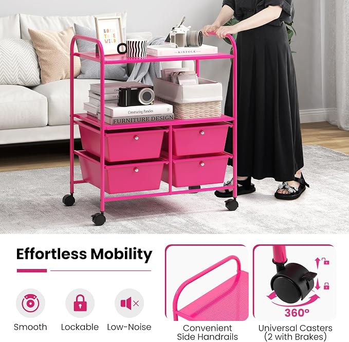 Moccha Rolling Storage Cart with 4 Drawers - Storage Drawers Organizer with wheels for Craft Art Supply Paper Salon, Scrapbook Paper Tools, Movable Utility Cart for Classroom School Studio, Hot Pink - Image 6