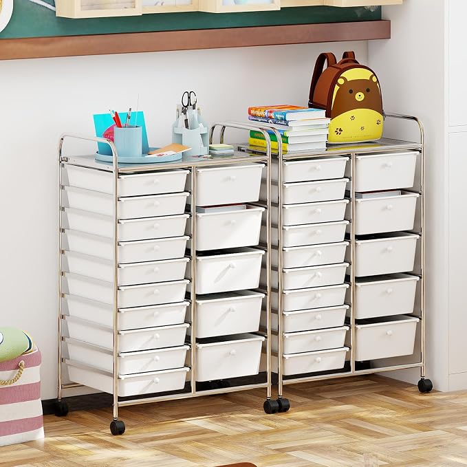 Giantex 15 Drawer Rolling Cart with Drawers, Storage Organizer Cart for Classroom Office School Teacher, Mobile Drawer Cart for Tools, Crafts, Small Printer, Ivory - Image 4