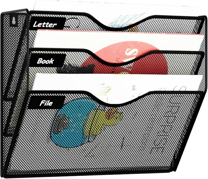 3 Pockets Hanging Wall File Organizer Mail Holder, Wall Mounted Paper Document Folder Holder, Clipboard Storage Organization Magazine Rack, Black by GDINDINFAN