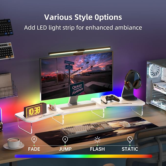 AFOOYO LED Dual Monitor Stand Riser for 2 Monitors,Office Desktop Wooden Stand Adjustable Length and Angle 3 Shelf,Extra Long Multifunctional Stand up to 39.3" for Computer,Laptop,TV,White - Image 3