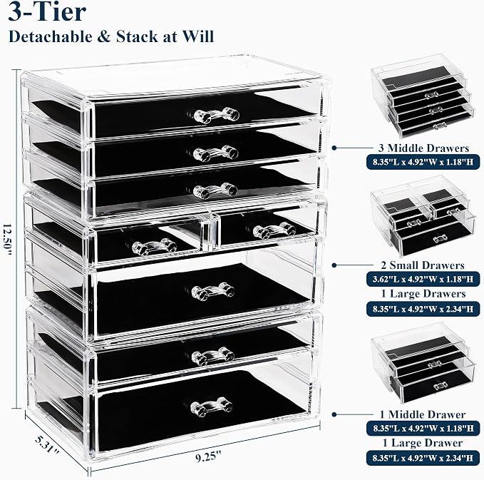 Sea Team 3-Tier Stackable Clear Acrylic Makeup Organizer with Drawers | Multi-Purpose Cosmetic Display Case, Jewelry Storage Box with 8 Drawers, Ideal for Vanity, Dresser, Bathroom, Countertop - Image 2