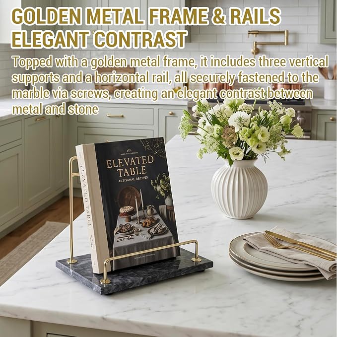 MyGift Black Marble Cookbook Stand, Recipe Holder with Brass Tone Rail | Modern black marble cookbook stand features a brass-tone metal rail to display recipes, books, tablets, and kitchen décor - Image 3