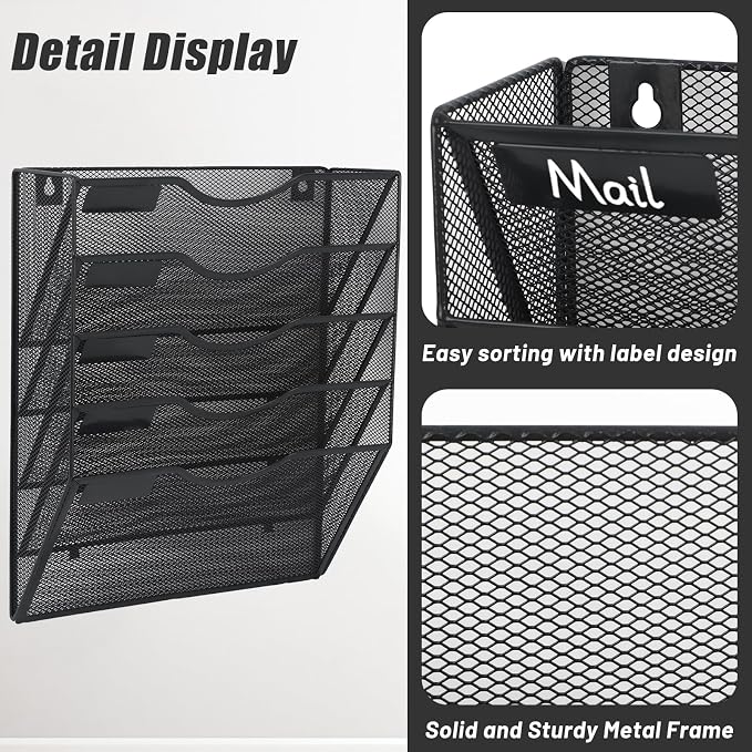 5 Pocket Mesh Hanging Wall File Organizer, Wall Mounted Mail Paper Document Folder Holder, Clipboard Storage Organization Magazine Rack with Nametag Label for Office Home School, Black - Image 3