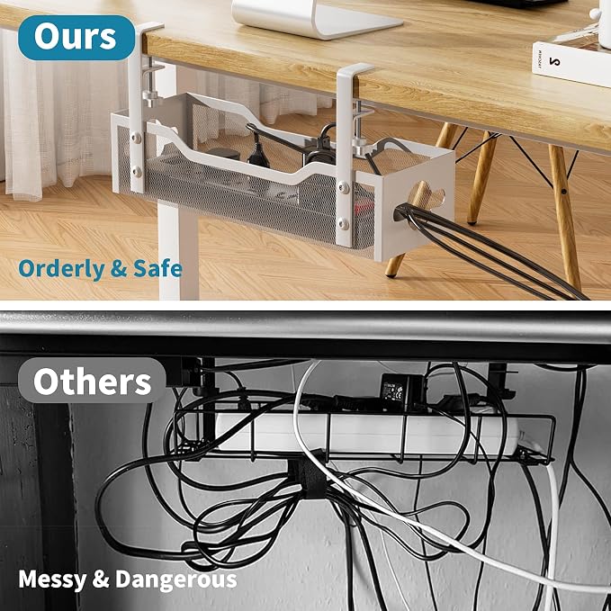 Under Desk Cable Management Tray No Drill, 13.38'' Metal Tray with Clamp for Wire Management, Litwaro Cord Organizer Home Office Damage to Standing Desk, White - Image 4