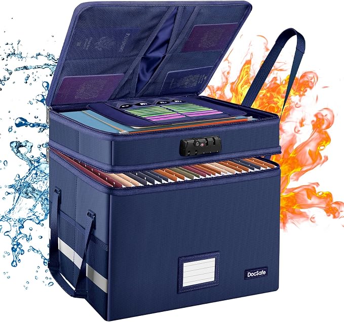 DocSafe File Box with Lock,Multi-Layer Fireproof Document Box Collapsible File Storage Organizer with Pockets/Handle,Large Portable Home Office Filing Safe for Hanging Letter/Legal Size Folders,Blue by DocSafe