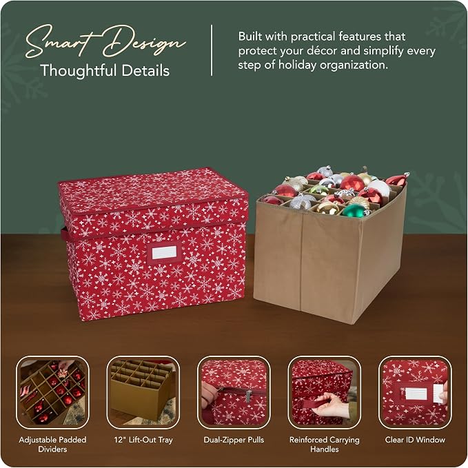 Covermates Keepsakes Adjustable Ornament Storage Box – Heavy-Duty Polyester, Padded Dividers & FlexGrid Trays – Protective Holiday Organizer with Stackable Walls & Label Window, Red Snowflake - Image 4