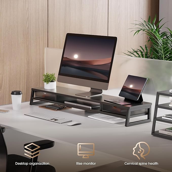 Fenge Dual Monitor Stand Riser, 42.5in Desk Shelf with 2 Drawers, Black | 2-Tier Monitor Shelf for Desk, Storage Drawer with Stopper, Frosted, fit Home Office, Ultrawide Screen, PC, Laptop, TV - Image 7