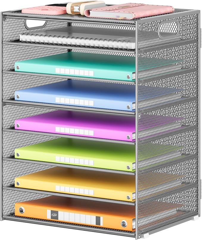Lavatino 8-Tier Office Desk File Organizer, Letter Tray Paper Organizer with Handle, Including 5 Adjustable Slide Trays for Organizing Desktop Workspace Accessories and Supplies (Silver Metal Mesh) by Lavatino