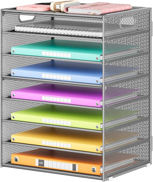 Lavatino 8-Tier Office Desk File Organizer, Letter Tray Paper Organizer with Handle, Including 5 Adjustable Slide Trays for Organizing Desktop Workspace Accessories and Supplies (Silver Metal Mesh) by Lavatino