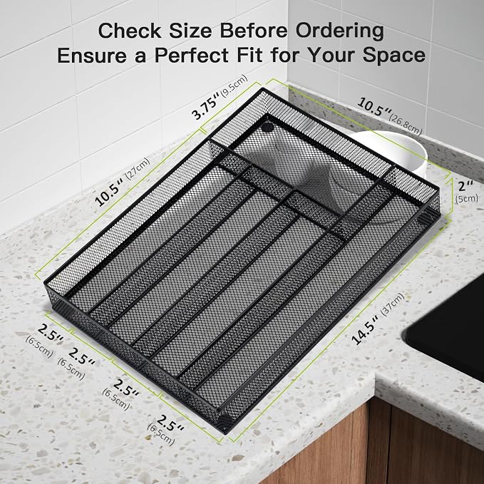 Neudeco Silverware Drawer Organizer, Black | 5 Compartment, Mesh Wire, Non-Slip Feet, Cutlery Tray - Image 3