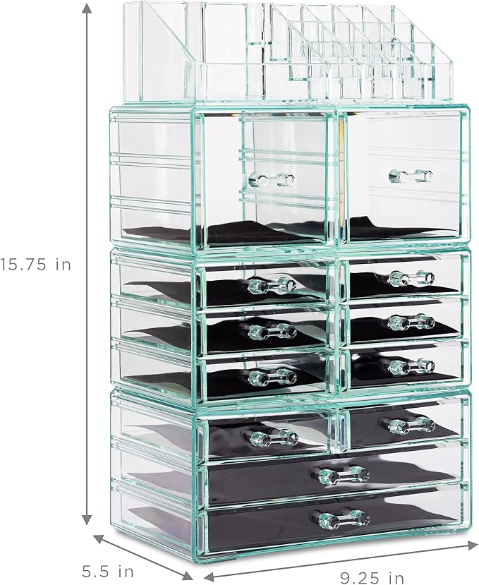 Sorbus Large Makeup Organizer - Clear Stackable Jewelry & Makeup Organizer For Vanity, Bathroom Storage, Dresser - 12 Drawers Cosmetic Beauty Organizers and Storage with Lipstick, Makeup Brush Holder - Image 3