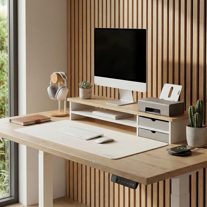 Fenge Monitor Stand, Desk Computer Riser with Frosted Storage Drawer, Oak | 42.5 Inch Dual Monitor Riser, 2 Tiers, Cable Management, Desk Shelf for 2 Monitors, Ultrawide Screen, Laptop, TV, Home Office - Image 6