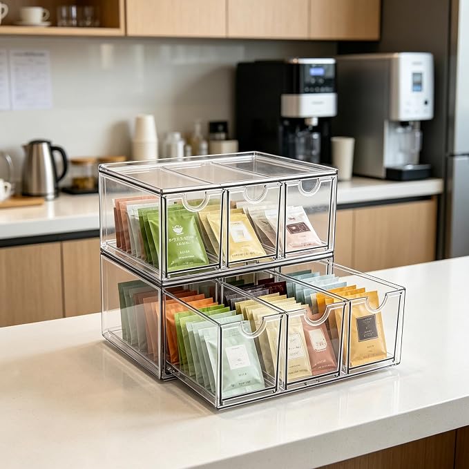 Prsildan Tea Bag Organizer K Cup Holder Drawer Coffee Pods Storage, 2 Pack | Clear Acrylic, Stackable, Pull Out, For Kitchen Office Craft Art Supplies Hair Accessories Makeup Small Items - Image 2